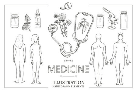 Medical set man and woman male and female anatomy medical equipment hand drawn vector illustrationのイラスト素材