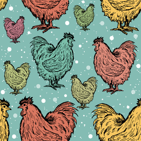 Roosters seamless pattern symbol of new year 2017 colored roosters on the winter background hand drawn vectorのイラスト素材