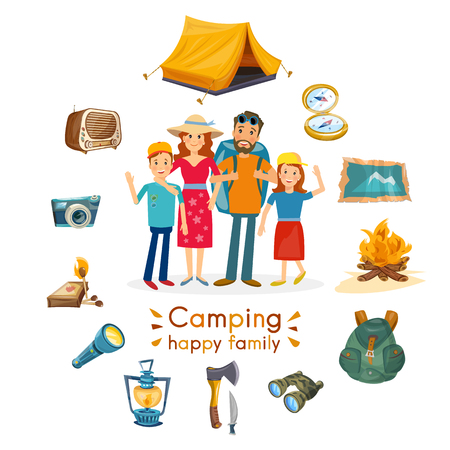 Camping family hiking and outdoor recreation vectorのイラスト素材