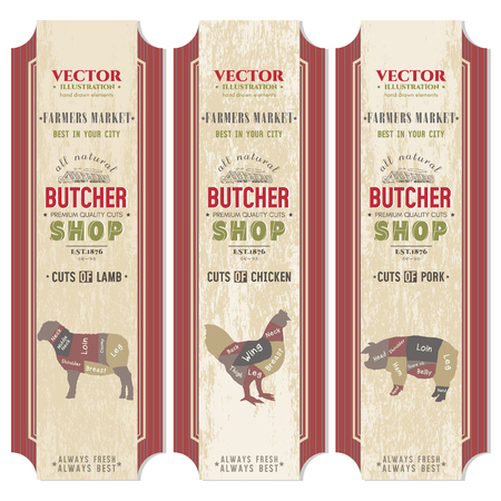 Meat chicken, pork, lamb, butcher shop labels vector bannersのイラスト素材