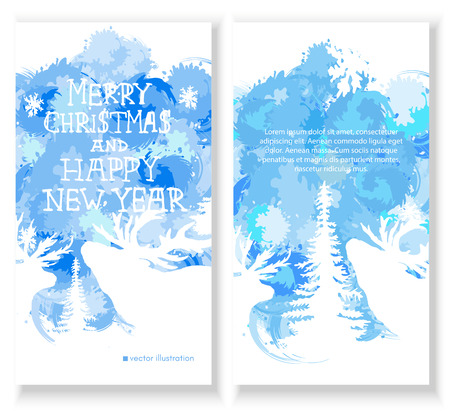 Merry Christmas Card. Set of brochure, poster templates in Christmas style. Christmas forest with reindeerのイラスト素材