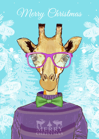 Christmas card, hipster animals, portrait of giraffeのイラスト素材