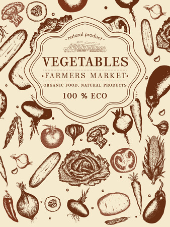 Vegetables vintage poster hand drawn eco food, farmer market vegetables. Healthy fresh food, vegetarian vegetablesのイラスト素材