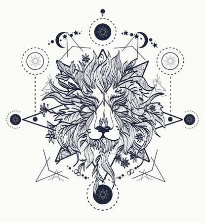Ornamental Tattoo Lion Head. Mystic Lion sketch tattoo artのイラスト素材