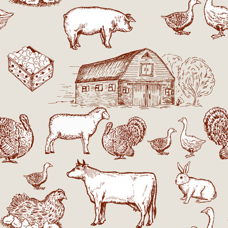 Farm animals seamless pattern, cows, geese, chickens. Farm market patternのイラスト素材