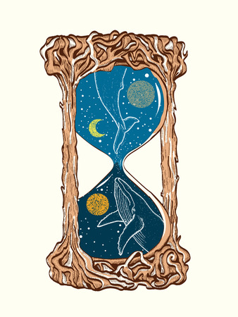 Hourglass tattoo. Whales swim in the hourglass tattoo art, mystic time symbol. Blue whale dives into space hourglas tattoo vector illustrationのイラスト素材