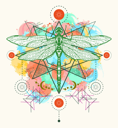 Dragonfly color tattoo vector.Hand drawn mystical symbols and insects. Dragonfly tattoo sketch. Alchemy, religion, occultism, spirituality, dragonfly tattoo artのイラスト素材