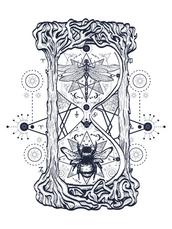 Bee and dragonfly in the hourglass mystical tattoo. Hand drawn mystical symbols and insects. Dragonfly and bee tattoo sketch. Alchemy, religion, occultism hourglass tattoo art, coloring booksのイラスト素材