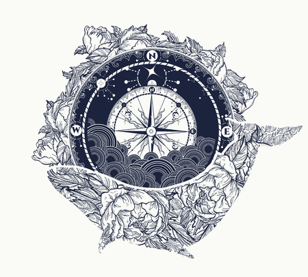 Antique compass and floral whale tattoo art. Mystical symbol of adventure, dreams. Compass and Whale t-shirt design. Travel, adventure, outdoors symbol whale, marine tattooのイラスト素材