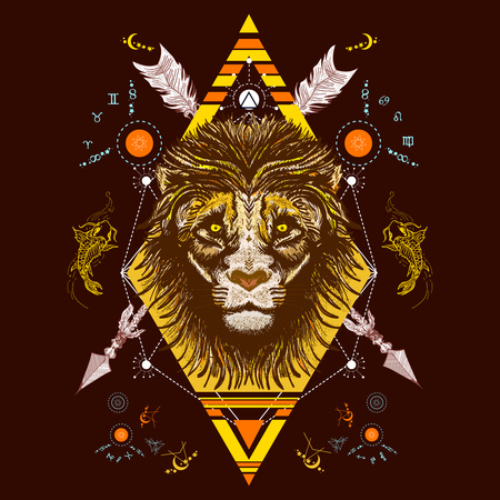 Lion color tattoo tribal style, t-shirt design vector. Mystic lion and carp occult tattoo. Alchemy, religion, spirituality, occultism, tattoo lion totem artのイラスト素材