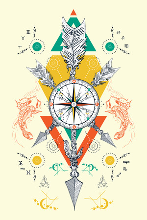 Rose compass and crossed arrows tattoo. Magical symbols traveler, dreamer, hunting, astrology, alchemy, meditation tattoo. Rose compass boho art t-shirt desigのイラスト素材