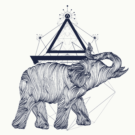 Elephant tattoo line art, dotwork sketch, elephant geometrical style t-shirt design. Symbol of meditation, tourism tattoo artのイラスト素材
