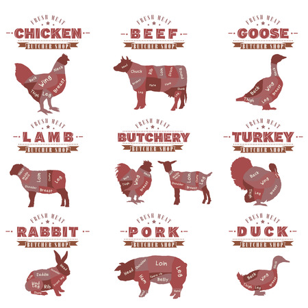 Meat label big collection. Butcher shop. Farm animals silhouette. Cow, rabbit, sheep, pig, goat, goose, duck, turkey, diagrams meat vectorのイラスト素材