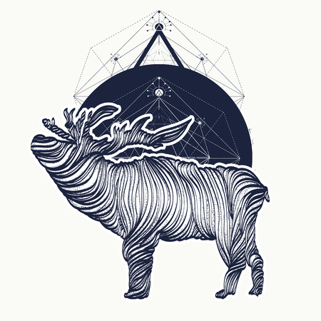 Deer tattoo, geometrical style, graphics. Adventure, travel, outdoors, symbol, t-shirt design boho style.Reindeer tattoo, line art and dotworkのイラスト素材