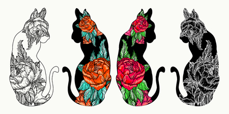 Cats tattoo art and t-shirt design. Rose flowers in a silhouette of cats. Romantic hand drawing art posterのイラスト素材