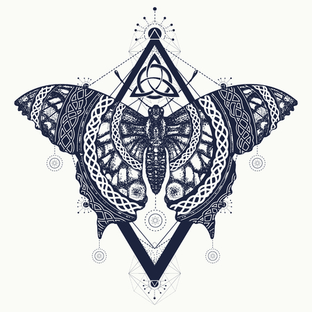 Butterfly tattoo art, celtic style. Mystical symbol of freedom, nature, tourism. Beautiful Swallowtail boho t-shirt designのイラスト素材