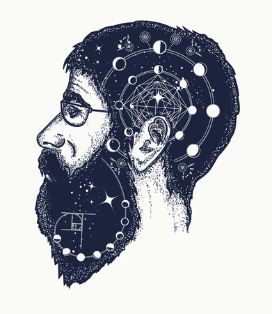 Scientist tattoo. Symbol of dreamer, creator, philosopher. Double exposure style tattoo art, portrait of hippie fashionable man t-shirt designのイラスト素材