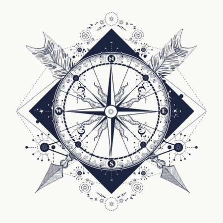 Compass and crossed arrows tattoo art. Symbol of tourism, adventure, travel. Rose compass t-shirt design. Tattoo for travelers, climbers, hikersのイラスト素材