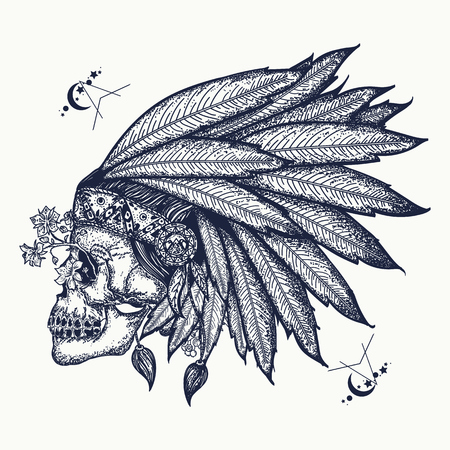 Indian skull tattoo art. Warrior symbol. Native American indian feather headdress with human skull t-shirt designのイラスト素材