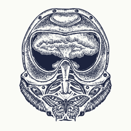 Gas mask and nuclear explosion tattoo art. Concept of war and peace, end of the world, life and death. Apocalypse symbol. Butterfly sits on a gas mask t-shirt designのイラスト素材