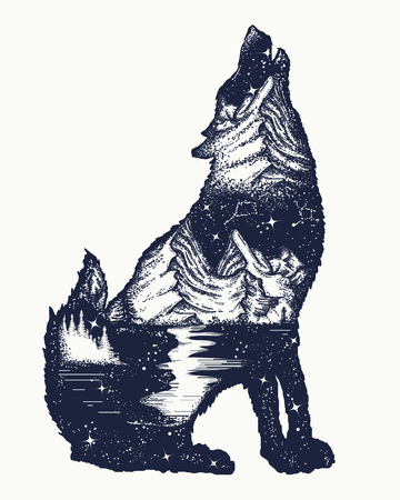 Wolf double exposure tattoo art. Symbol tourism, travel, adventure, outdoor. Wolf howls, mountain and night sky t-shirt designのイラスト素材