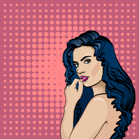 Sexy woman pop art. Fashionable beautiful woman retro comic style. Elegant romantic girl pop art portrait and pink copy spaceのイラスト素材