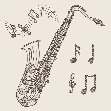 Saxophone and music notes, vintage hand drawn illustration. Classical saxophone drawing graphicのイラスト素材