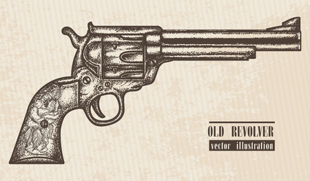 Gun revolver vintage graphic hand drawn vector. Old revolver engraved styleのイラスト素材