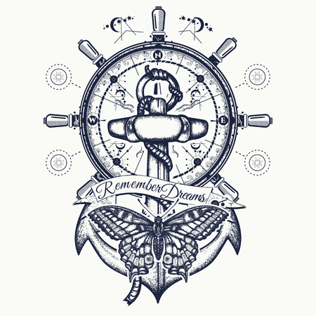 Anchor, steering wheel, butterfly, tattoo art.  Symbol of freedom, marine adventure tourism. Slogan follow dreams. Vintage anchor and steering wheel t-shirt designのイラスト素材