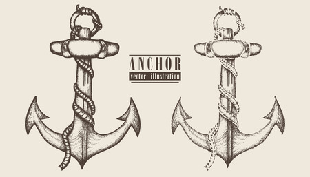 Vintage anchor hand drawn illustration.  Ships anchor and rope graphic collectionのイラスト素材