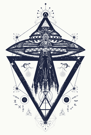 Ufo aliens kidnapped person tattoo art. Paranormal Activity, first contact. Man being abducted by an alien spaceship t-shirt designのイラスト素材