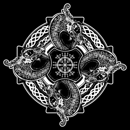 Celtic cross tattoo art and t-shirt design. Helm of Awe, aegishjalmur, celtic trinity knot, tattoo. Dragons, symbol of the Viking. Nordic celtic cross ethnic style graphicsのイラスト素材