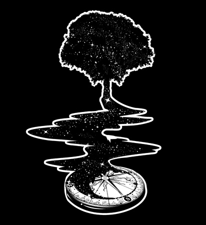 Magical tree tattoo art, river of stars, psychology symbol, tourism, travel. Surrealist concept of life and immortality. Star Compass. T-shirt designのイラスト素材