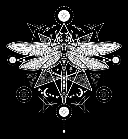 Dragonfly tattoo. Hand drawn mystical symbols and insects. Dragonfly tattoo sketch. Alchemy, religion, occultism, spirituality, dragonfly tattoo art, coloring booksのイラスト素材