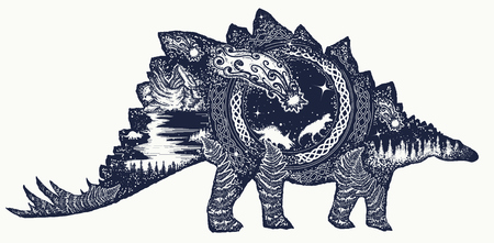 Stegosaurus tattoo art. Comet has destroyed dinosaurs. Symbol of prehistoric, paleontology. Stegosaurus double exposure t-shirt design. Why the dinosaurs died outのイラスト素材