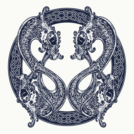 Two Dragons in celtic style, tattoo. Meditation, philosophy, harmony symbol. Black and white celtic dragon t-shirt design. Tribal tattooのイラスト素材