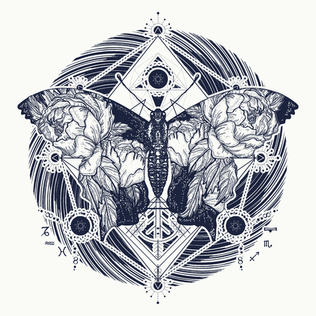 Beautiful butterfly boho t-shirt design, wings and roses, symbol of freedom, travel. Butterfly tattoo in geometrical style. Tattoo for woman, style double exposureのイラスト素材