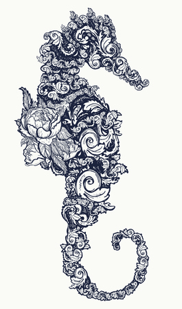 Sea horse tattoo and t-shirt design Symbol of travel, freedom, navigation. Seahorse of flowers isolated on white background t-shirt artのイラスト素材