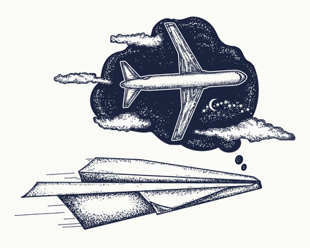Dream tattoo and t-shirt design. Paper plane dreams to become the big plane. Symbol imagination, dream, motivation, creative art tattoo. Follow Dreams conceptのイラスト素材