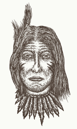 Native american old man vector, North American Indian hand drawn portraitのイラスト素材