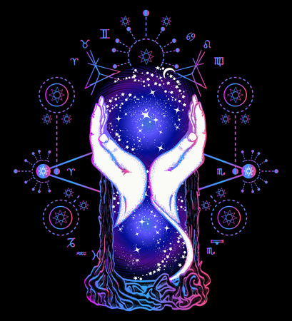 Magic space hourglasses tattoo, concept of time. Symbol astrology, infinity, eternity, life and death, mystical signs. Hourglass color astrological symbols tattoo art and t-shirt designのイラスト素材