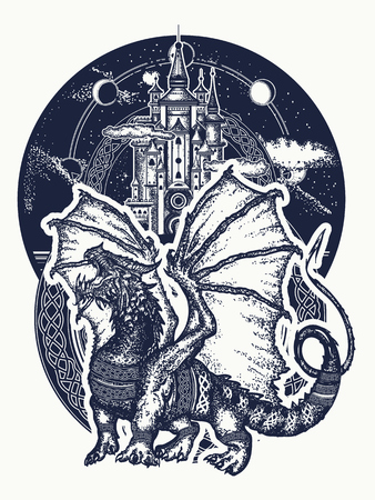 Dragon and castle tattoo art. Symbol force, fantasy, fairy tale. Strong dragon with celtic ornament and ancient castle  t-shirt designのイラスト素材