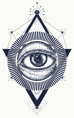 All seeing eye tattoo art vector. Freemason and spiritual symbols. Alchemy, medieval religion, occultism, spirituality and esoteric tattoo. Magic eye t-shirt designのイラスト素材