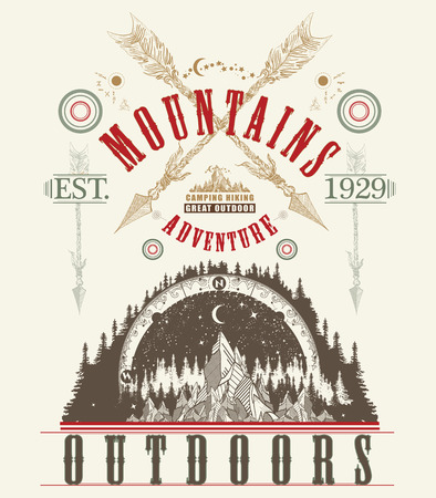 Outdoors poster.  Mountains tattoo art, t-shirt design. Mountains, symbol travel, tourism, extreme sports and rock climbing, mountains tribal styleのイラスト素材