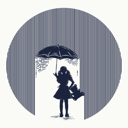 Girl in rain tattoo. Symbol of protection of children, depression. Girl with umbrella costs in rain t-shirt design. Minimalism tattoo. Symbol of psychology, philosophy, protection of childrenのイラスト素材