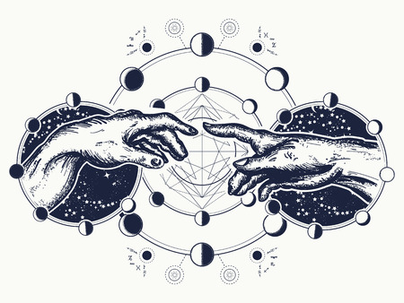 Hands tattoo Renaissance. symbol of spirituality, religion, connection and interaction.  Michelangelo God's touch. Human hands touching with fingers tattoo and t-shirt designのイラスト素材
