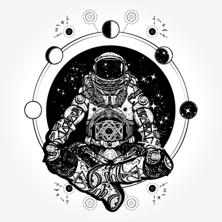 Spaceman silhouette sitting in lotus pose of yoga tattooのイラスト素材
