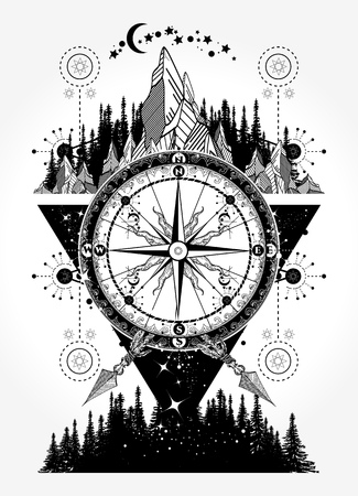 Mountains and antique compass tattoo artのイラスト素材