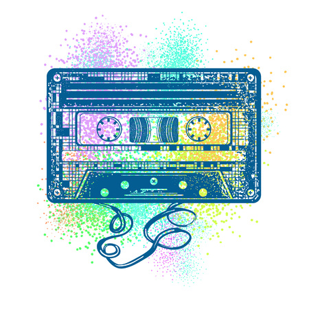 Audio cassette. Retro music concept. Old school style. Audio cassette and color splashes t-shirt design. Poster 80s and 90sのイラスト素材
