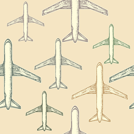 Air plane seamless pattern. Seamless background pattern with airplanes vintage hand drawn vectorのイラスト素材